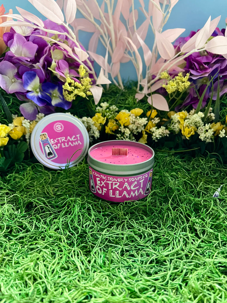 Single pink candle with lid off and setting to the left side on top of faux green grass in front of a backdrop of faux spring colored flowers
